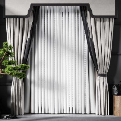 新中式窗帘纱帘松树盆景组合