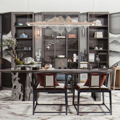 新中式泡茶桌椅吊灯组合