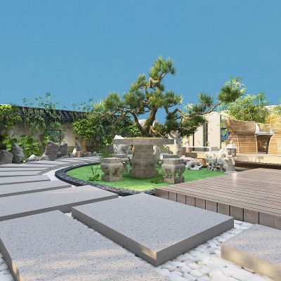 现代别墅庭院景观，绿植树木，竹子，院墙，景观石堆，休闲平台，迎客松，对弈石桌