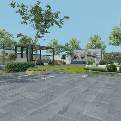 现代别墅庭院景观，绿植，植物堆，植物墙，花草树木，休闲平台廊架，喷泉景观墙