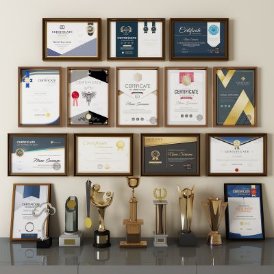 现代荣誉证书奖杯奖牌奖状荣誉墙