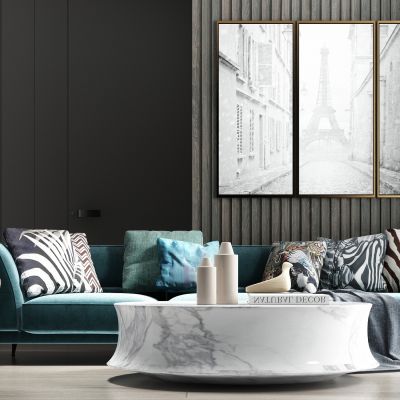 现代轻奢休闲绒布多人沙发 茶几 饰品组合