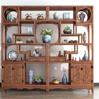 中式古典实木雕花博古架多宝阁格