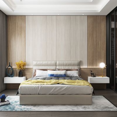 现代极简轻奢卧室床衣帽间床品植物花瓶花卉地毯台灯组合