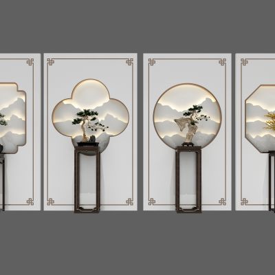 新中式玄关背景墙条几盆景组合