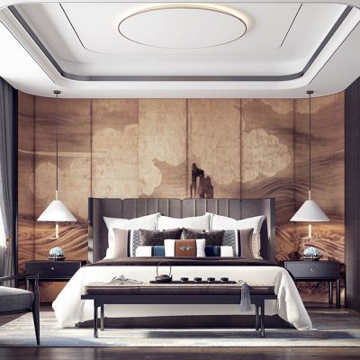 新中式卧室 床 衣柜 背景墙 椅子 床尾凳