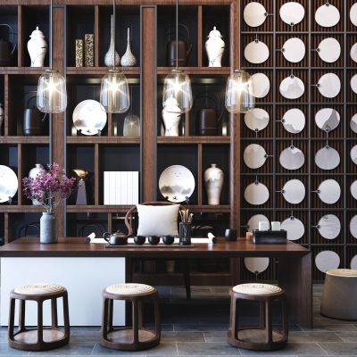 新中式茶台 茶桌椅 吊灯 背景墙 壁柜组合