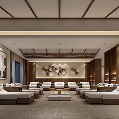 现代会所休息区休息大厅按摩床足疗床墙饰挂饰