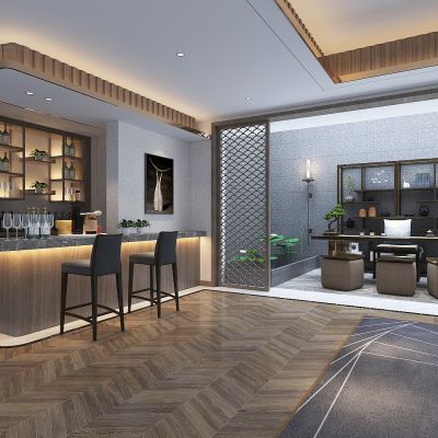 新中式别墅休闲区，休息区，酒吧台，酒柜，别墅天井，书桌书架，荷花池景观