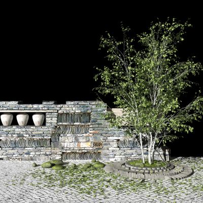 现代景观树残破院墙围墙