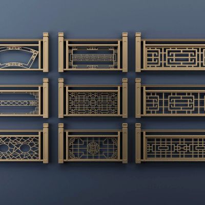 中式实木雕花栏杆3D模型