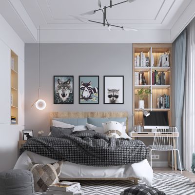 北欧男孩房 卧室装饰画 地毯 玩具 书桌椅 书柜 吊灯