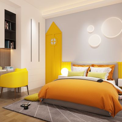 现代卧室儿童房，儿童床，书桌书柜，书架，衣柜