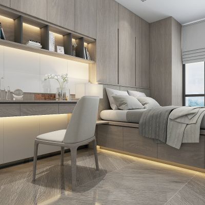 现代儿童房，卧室，书房，榻榻米床，书桌，书柜，储物柜