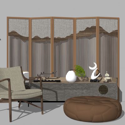 新中式单人沙发茶几组合