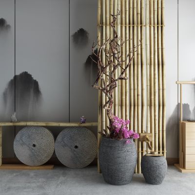 新中式户外竹竿石磨盆栽景观小品花盆干支3D模型