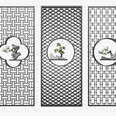 新中式花格假山松树屏风隔断