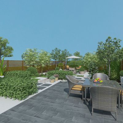 现代别墅庭院景观，绿植，植物堆，绿化带，花草树木，休闲平台，室外休闲桌椅遮阳伞