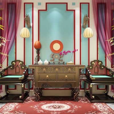 中式古典彩绘玄关墙背景墙