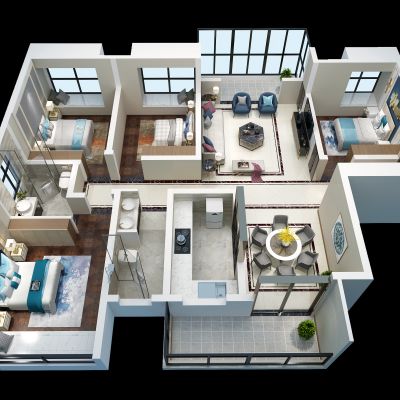 现代家装样板俯视全景3D模型