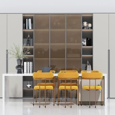 现代餐厅吧台，餐桌，酒柜，书柜，储物柜