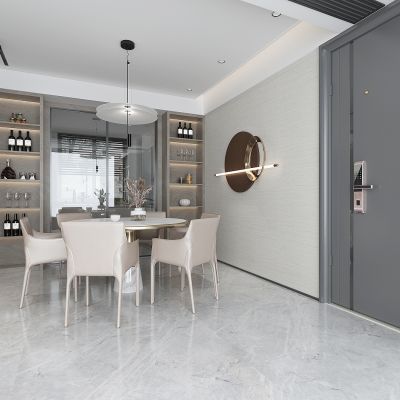 现代家居餐厅，圆餐桌，门边酒柜，厨房玻璃推拉门，入户指纹防盗门锁