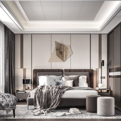 现代轻奢主人房卧室 吊灯 装饰墙 台灯 床尾凳 双人床