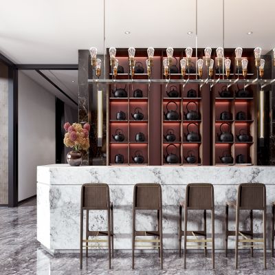 新中式售楼部 吧台 吧椅 柜子 吊灯