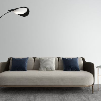 现代布艺多人沙发 圆几 落地灯