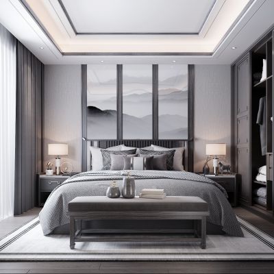 新中式卧室 床 衣柜