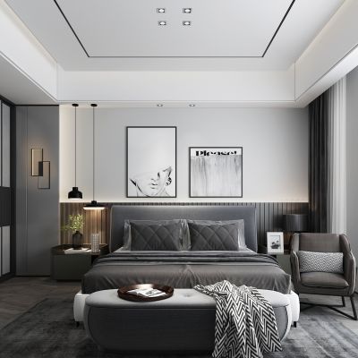 现代卧室 小吊灯 挂画 双人床 床头柜 床尾凳 休闲椅 衣柜