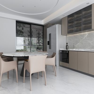 现代家居餐厅，圆餐桌，橱柜，储物柜，茶水柜，厨房冰箱