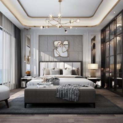 现代轻奢卧室 双人床 床尾凳 衣柜 吊灯 墙饰 休闲椅