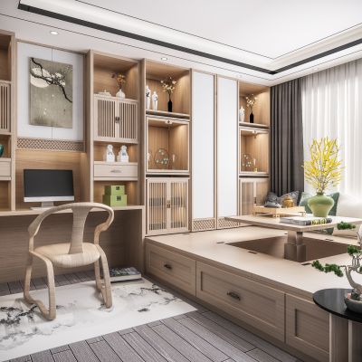 新中式禅意茶室日式榻榻米卧室 书房升降桌博古架书柜书桌