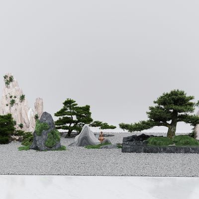 现代景观小品，玄关景观石，迎客松，山体石头景观3D模型