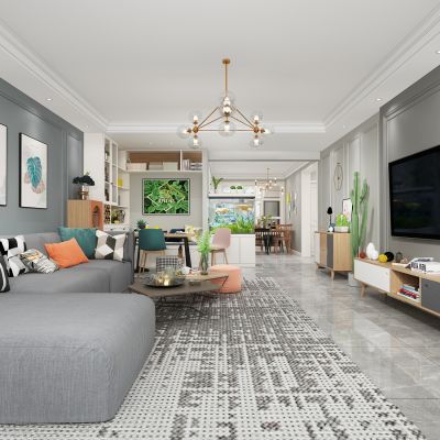 北欧客餐厅 厨房 吊灯 挂画 沙发 茶几 餐桌椅 鞋柜 橱柜