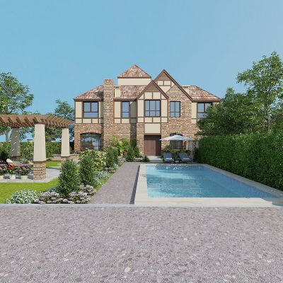 现代别墅庭院景观，绿植，植物堆，植物墙，花草树木，休闲廊架，遮阳伞休闲椅，泳池