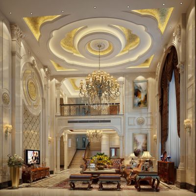 欧式古典别墅欧式客厅 电视柜 窗帘 沙发 吊灯