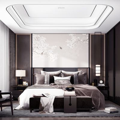 新中式卧室 双人床 床头柜 衣柜