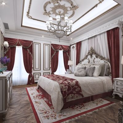 欧式古典卧室 欧式床 吊灯 窗帘