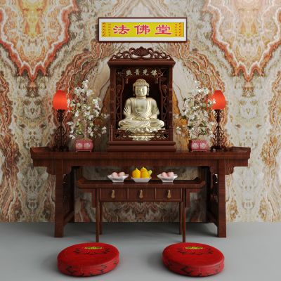 新中式佛堂 佛案 佛龛 佛像 蒲团组合