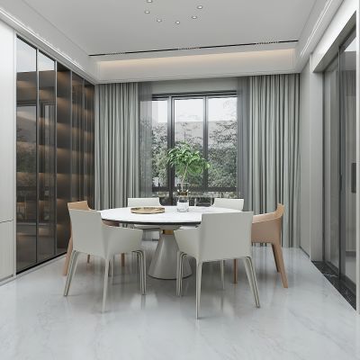 现代家居餐厅，圆餐桌，酒柜，储物柜，厨房推拉门
