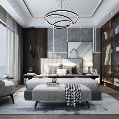现代卧室 双人床 衣柜 吊灯 休闲椅 挂画