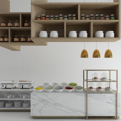 现代自助餐台 吊架 调料 餐盆 餐具
