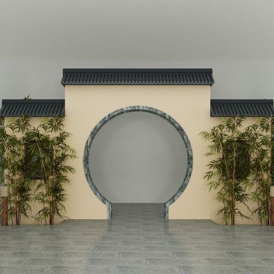 新中式围墙 拱门 木护栏