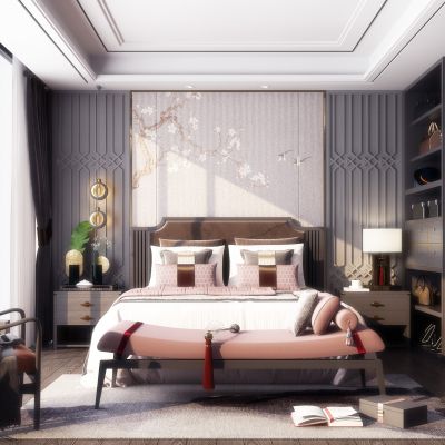 新中式卧室 床具组合 衣柜 床尾凳 椅子