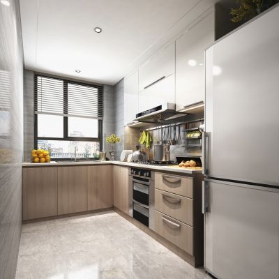 现代厨房 冰箱 油烟机 摆件