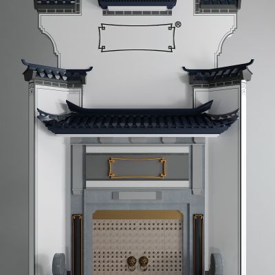 中式徽派马头墙 门头构件 瓦屋顶 石鼓