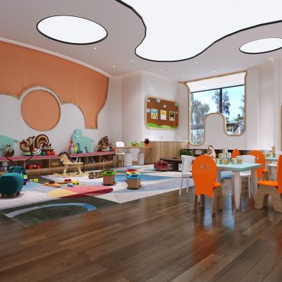 现代幼儿园活动室，青少年活动空间，儿童娱乐室，儿童桌椅，儿童玩具，娱乐设施