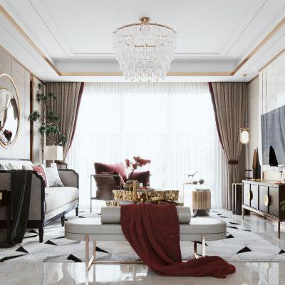 新中式轻奢客厅 多人沙发 茶几 休闲椅 贵妃椅 电视柜 背景墙